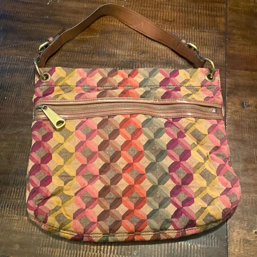 Vintage Fossil geometric pattern, fabric purse, leather trim